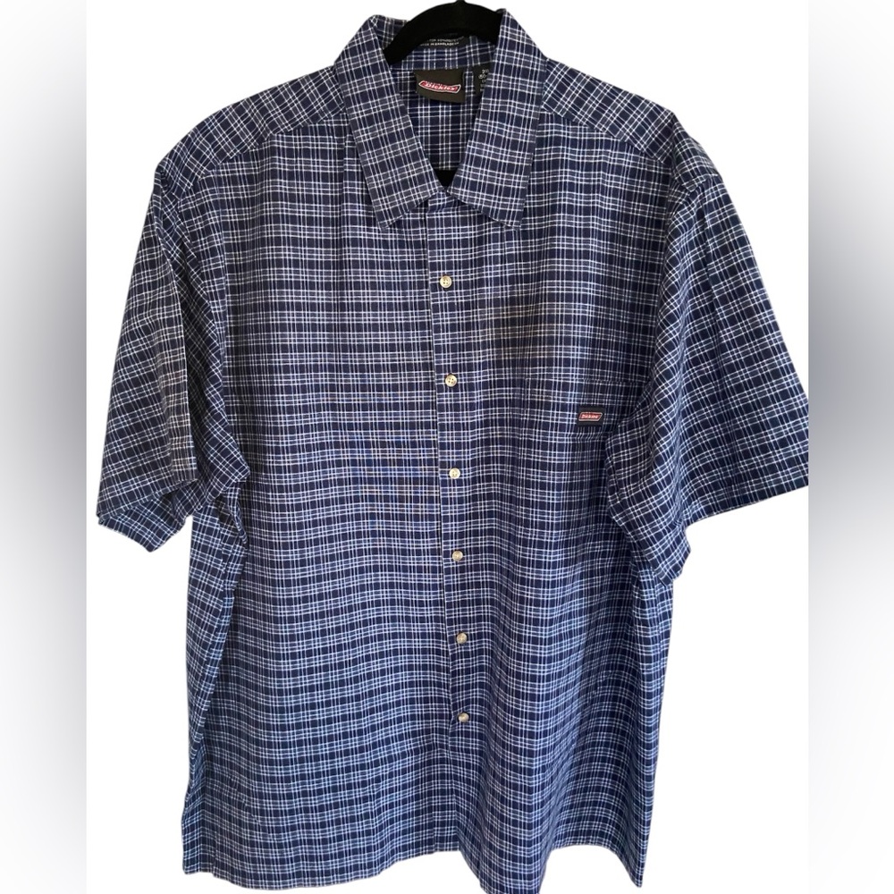Men’s Dickies Blue short sleeve Casual Button Down Shirt with Plaid Design 2XL